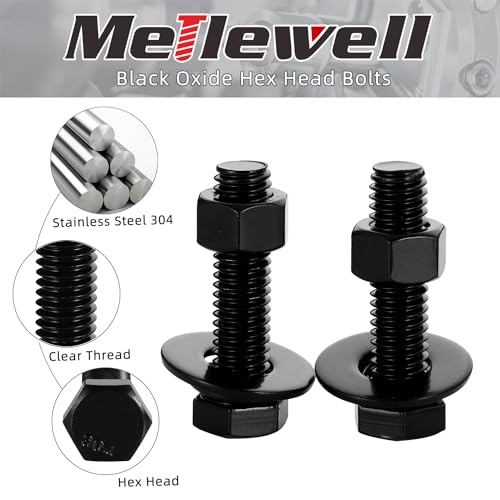 Image of 5 /16-18 x 3 inch Hex Head Screws Bolts, Nuts, Flat & Lock Washers, Fully Threaded, Stainless Steel 18-8, Black Finish, 8 Sets