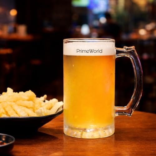 Image of PrimeWorld 500 ml Classic Simple Chic Beer Set of 2 Pcs Strong Glass Mug with Handle, Steins, Freezable Beer Glasses,Everyday Drinking Glasses, Cocktail Glasses Clear