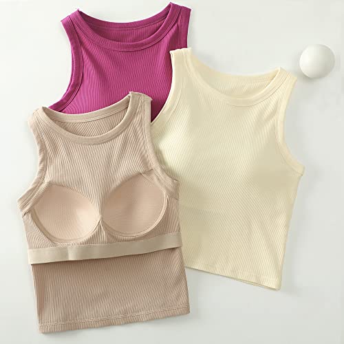 Image of Ibeauti 2 Pack Womens Crop Tank Top with Built in Bra Ribbed Padded Yoga Tank Tops (S, Black /Khaki)