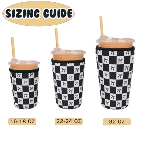 Image of Reusable Insulated Neoprene Iced Coffee Cup Sleeve, Durable Drink Sleeve for Cold Beverages, Beverage Holder for Iced Coffee, Black Checkered Bows