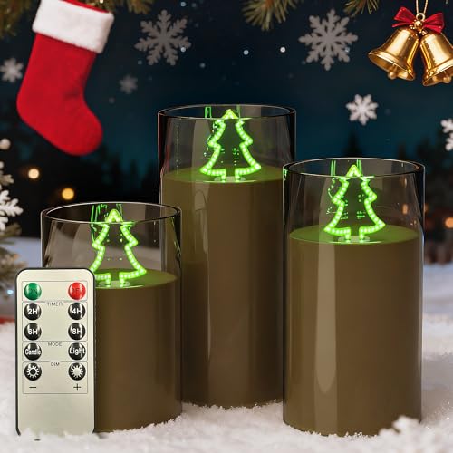 L LOHAS LED Christmas Tree Electronic Candle Night Lights with Remote, 3-Pack LED Flameless Candles, Battery Operated Flickering Night Light, 5 Brightness Levels & Timer, for Holiday Home Decor