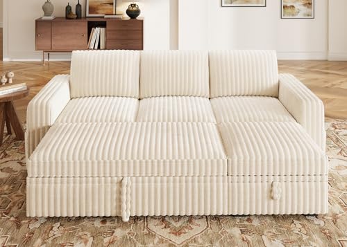 Image of HONBAY Modular Sectional Sofa with Pull Out Bed,Corduroy L Shaped Sleeper Sofa with Storage, Sectional Couches for Living Room,Beige