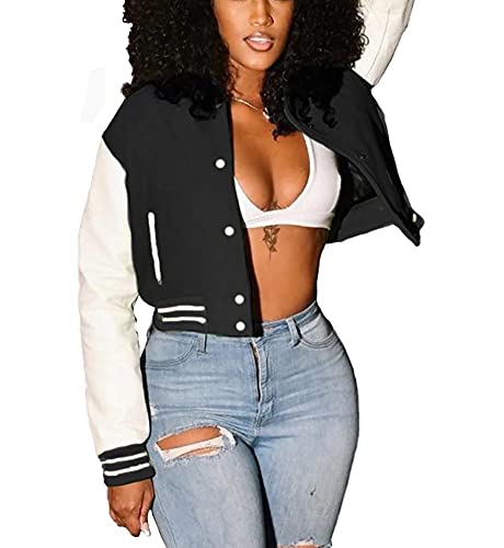 ThusFar Women Semi Fitted Motorcycle Solid Color Stand Collar Pocket Oversized Sport Crop Flight Bomber Jacket Coat Black M