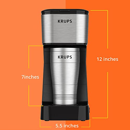 Krups Simply Brew Stainless Steel Single Serve Drip Coffee Maker And Travel Tumbler 14 Ounce Stainless Steel Tumbler Included 650 Watts Coffee Filter, Compact Silver And Black #TOP6