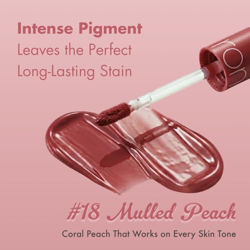 Image of rom&nd Juicy Lasting Tint #18 Mulled Peach - K-Beauty Glossy Lip Stain | Hydrating, Long-Lasting, Non-Sticky Syrupy Finish | Natural Fruit-Inspired Coral Peach for All Skin Tones