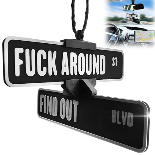 3D Printed Street Sign Hanger - Funny Car Mirror and Home Decorations Novelty Gag Gift for Truck and Garage Car Interior Pendant with Security Warning (Black)