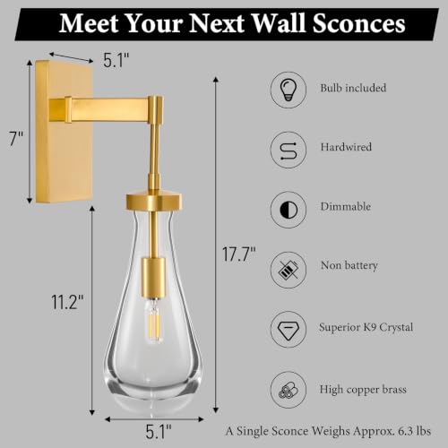 Raindrop Brass Crystal Wall Sconce: Set of 2 Gold Bathroom Decor Sconces - Image 2