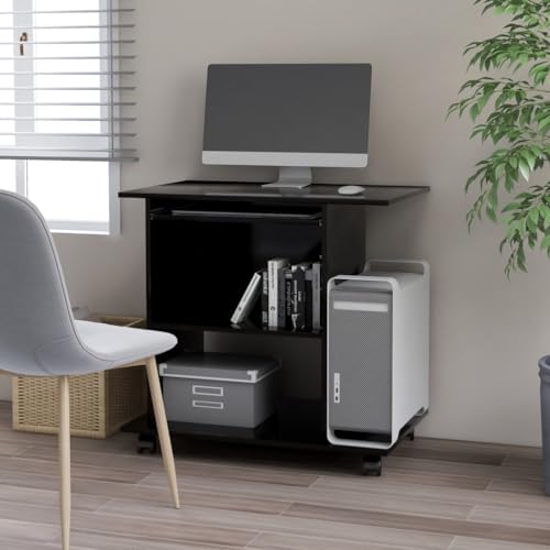 Teenpull Escritorio negro 80 x 50 x 75 cm, madera de madera, escritorio compacto para ordenador con bandeja para teclado, ruedas, para oficina en casa, juegos y oficina