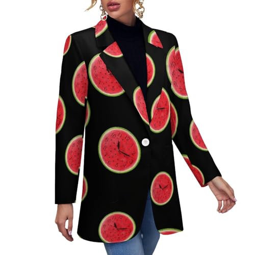 Funny Waterlemon Clock Casual Blazers for Women Long Sleeve Button Suit Jacket Lightweight Business Coat