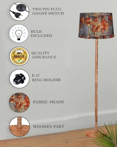 Image of Homesake Mid Century Modern Floor Lamp for Living Room | Hand Turned | Corner Lamp for Living Room, Stand Lamp with Fabric Lampshade for Bedroom, Study Room and Office, (Floreo Meadow)