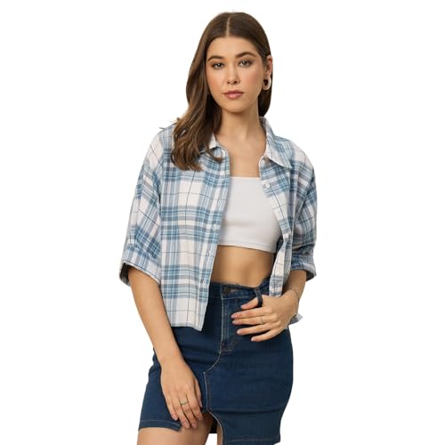 Image of Chimpaaanzee Women Checks Half Sleeve Crop Shirt