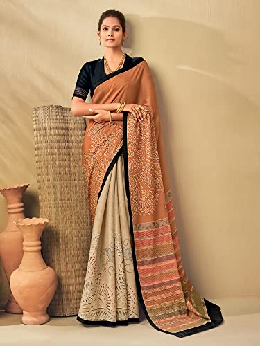 Image of AKHILAM Women's Abstract Tussar Silk Printed Saree With Unstitched Blouse Piece (KANTHA01 Parent)