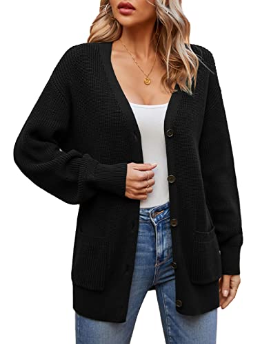 QUALFORT Women's 100% Cotton Cardigans for Women Lantern Sleeve Oversized Sweater with Pockets Womens Fall Cardigans 20253