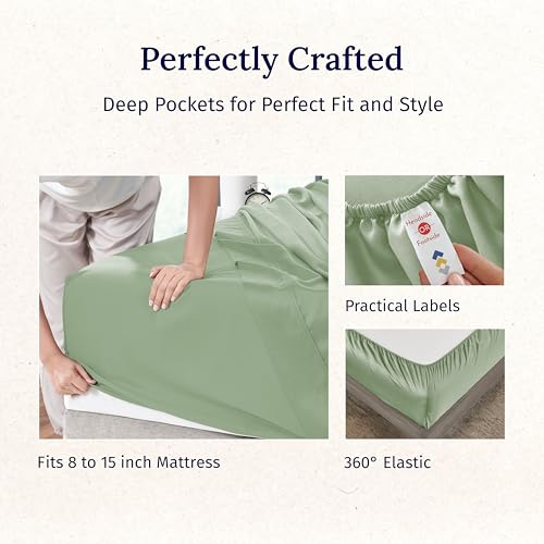 California Design Den Natural 100% Cotton Bed Sheets Twin Size Set - Luxury 600 Thread Count Sateen, Fully Elasticized Deep Pocket Sheet Set, Cool and Durable Hotel Quality Bedding - Laurel Green