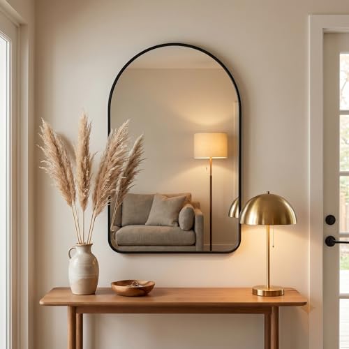 Image of HARRITPURE 26 inchx38 inch Arched Bathroom Mirror, Wall Mounted Mirror, Black Arch Mirror, Aluminum Alloy Frame Wall Mirror for Living Room, Bedroom, Entryway