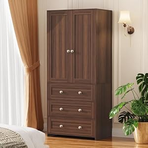 VOWNER Armoire Wardrobe Closet with Drawers and Mirror, 71″ Clothing Storage Cabinet with Hanging Rod, 2 Doors Wooden Wardrobe Cabinet for Bedroom, Large Capacity Storage