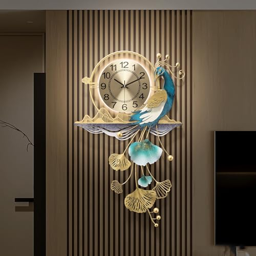Reloj de pared de metal de gran tamaño con iluminación LED, diseño creativo de pavo real, reloj decorativo silencioso que no hace tictac, funciona con pilas for sala de estar(50 * 82cm)