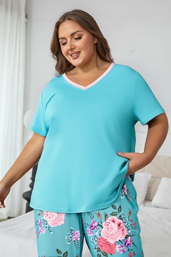 Image of Vozanet Women's Pajama Sets Short Sleeve with Long Pant Soft Sleepwear Printed pj Loungewear With TWO Pockets Size 1X to 5X