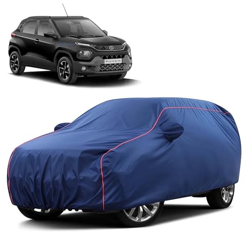 Image of Sulfar 100% Water Resistant Car Body Cover Compatible with Mirror for Tata Punch (Triple Stitched, Full Bottom Elastic, Blue Taffeta with Red Piping)