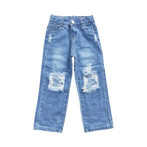 D4-16 Ripped Blue Jeans Western Buttons Zipper Straight Little Girl Jeans Pants