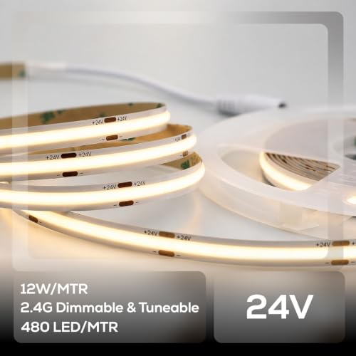 Image of Nortek Tisya 10 Meter Runs On 24V Warm White Cob Led Strip Lights Power Rated 12W /M 480 Led Light Per Meter LED Lights for Home, Bedroom, Living Room, TV, Diwali