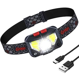 Gritin Lampe Frontale Rechargeable, Super Lumineux Léger Étanche Torche Frontale LED Puissante avec Voyant Rouge, Détecteur de Mouvement, 8 Modes d’éclairage, 25H d’autonomie pour Course/Camping