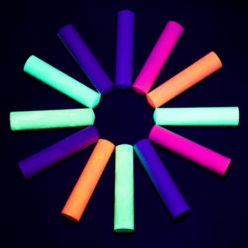 Feifeiya 12 Pcs Glow in the Dark Chalk Under Blacklight, 6 Neon Colors Washable Dustless UV Sidewalk Chalk for Black Light Party Playground Chalkboard Birthday Gift and Outdoor Drawing (Cylindrical)