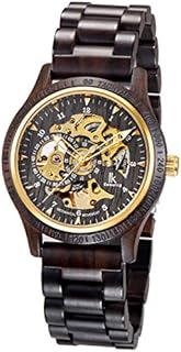 Alienwork Automatikuhr Armbanduhr Herren schwarz Holz-Armband Gold Skelett Holzuhr