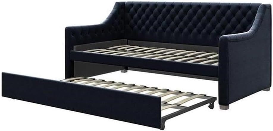 Pemberly Row Modern Twin Daybed with Trundle, Blue Velvet Upholstery, Diamond Tufted Back and Arms, 82.5 in x 43.5 in, Multi-Functional for Bedrooms, Small Living Spaces, Accommodates Twin Mattresses