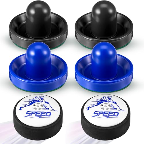 Seenelling 6 Pcs Electric Floating Hockey Pucks and Paddles, 2 Pcs Hover Hockey Puck and 4 Pcs Goal Pusher Paddles for Any Flat Surface Game Tables, No Batteries Included