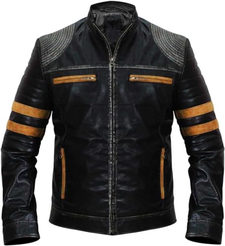 Image of Men's Leather Jacket Cafe Racer Biker Style Retro Stripes, Motorcycle Racing Leather Jacket Men (US, Alpha, Medium, Regular, Regular, S29) Retro Orange Stripes Distressed Black Jacket