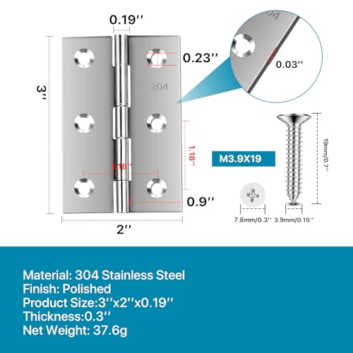 Image of Stainless Steel 3 in Hinges for Door Window Wooden Box, 12 Pack