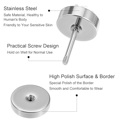 Fake Gauge Earrings, 9 Pairs Stainless Steel Round Studs Cheater Plugs Faux Tunnels Flat Back for Men Women3