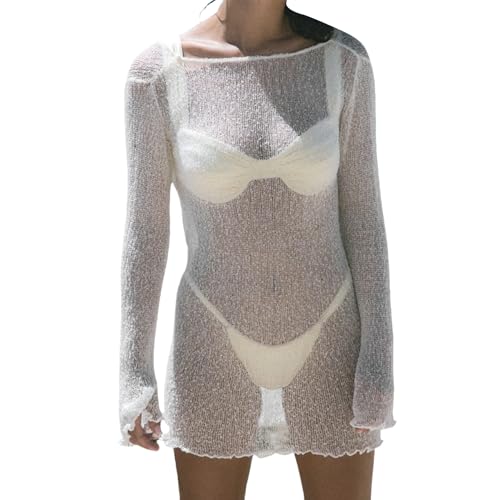 Women's Bikini Cover Up Dress Beach Long Sleeve Backless See Through Crochet Knit Coverup3