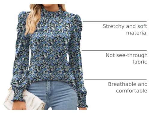 Image of LUYAA Puff Long Sleeve Shirts for Women Tops Dressy Casual Frill Mock Neck Smocked Cuffs Blouses