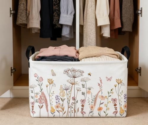 Image of Essme Rectangular Flower Basket, Storage Bins Organizer with Handles for Girls Room Decor, Gift Basket,Shelf Basket.(Beautiful Flowers)
