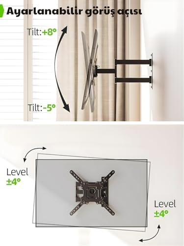Coverzone Tam Hareketli Uzatmalı Kol Yapısına Sahip TV Duvar Askı Aparatı 32–65 İnç Uyumlu, Köşe TV Çözümü, 180° Döner, Eğilebilir, 27,2 Kg Taşıma Kapasiteli Evrensel TV Mount, VESA, P4, Siyah - Görsel 7