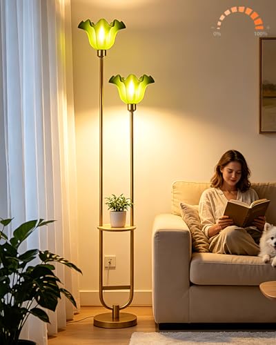 Image of Lightdot Dimmable Green Flower Floor Lamp for Living Room, Modern Mid Century Floor Lamp with Table, U-Shape 2 Lights Gold Tall Standing Lamp for Bedroom /Sofa Beside /Corner Decor(Bulb Included)