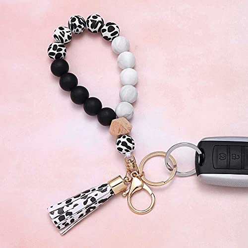 Image of BAOSIWA Silicone Key Ring Bracelet Wristlet Keychain Unique Beaded Bangle Key Chains for Women with Leather Tassel