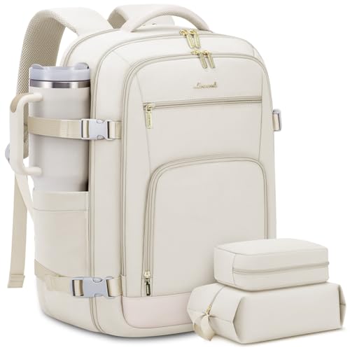 Image of LOVEVOOK Travel Backpack For Women, 40L Carry On Backpack Flight Approved, TSA Personal Item Backpack Fits 17 Inch Laptop, Business Weekender Overnight Waterproof Daypack With 2 Packing Cubes, Beige