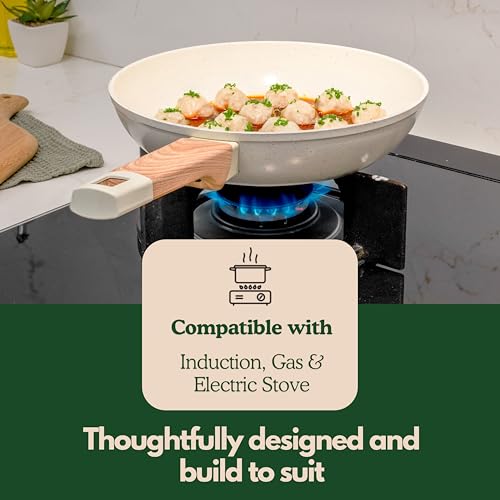 Image of Kreme Ceracook Ceramic Coated Granite Fry Pan 1.8L /24cm with Glass Lid, ISI Certified Frying Pan, Forged Aluminium, Gas & Induction Use, Non Toxic, PFAS & PTFE Free, 1 Year Warranty, Ivory