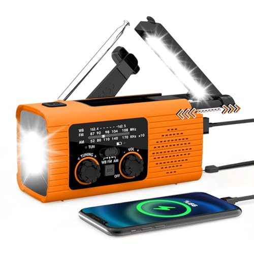 Radio solaire à manivelle, AM/FM/WB, portable, avec batterie rechargeable de 4000 mAh, port USB, lampe de poche LED et lampe de lecture rotative à 180°, alarme SOS, récepteur mondial pour camping