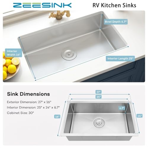 Image of 27 inch RV Kitchen Sink,6.7 inch Depth Undermount Kitchen Sink,Single Bowl 16 Gauge Stainless Steel Kitchen Sinks for RV /Caravans /Campervans (Stainless Steel, 27 X 16 inch)
