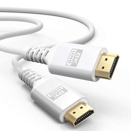 Image of 8K White HDMI Cable 20 FT, HDMI 2.1 Cable 20FT Ultra High Speed eARC Braided Long HDMI Cord with 8K@60Hz, 4K@120Hz, HDR10+, Dolby, 3D, HDCP2.3 for Laptop /Monitor /HDTV /Soundbar /Blu-ray /PS5 /Xbox