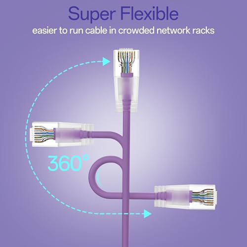 Image of Cat6a Patch Cables 1ft (24 Pack) Slim, Cat6 Ethernet Patch Cable Pure Copper, Flexible Cat 6 Patch Cable 550MHZ 10G, Space-Saving Cat 6A Network Cables for Patch Panel, Purple