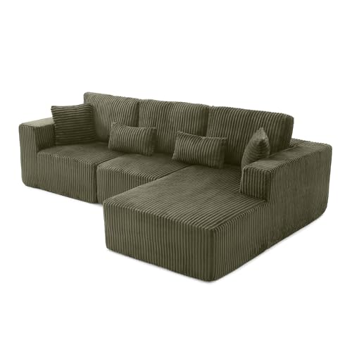 Image of L Shaped Modular Boneless Sectional Couches for Living Room, Wide Armrest, Deep Seat, Memory Foam, Assembly Free, Modern Comfy Corduroy Fluffy Cloud Sofa with Right Chaise, Green
