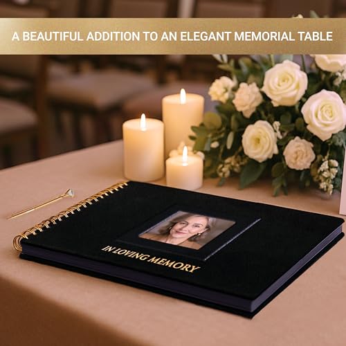Image of Funeral Guest Book for Memorial or Celebration of Life - Velvet Hardcover with Photo Frame - Includes Pen or Marker and Sign (Black - Large)