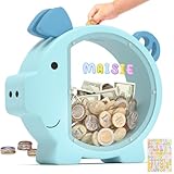 Summidate Sparschwein aus Holz für Jungen, Mädchen, Kinder, Kleinkinder, Erwachsene, groß, unzerbrechlich, Geldwechsel, Spardose für Kinder, personalisiertes Geschenk, Kinderzimmer-Dekoration (blaues