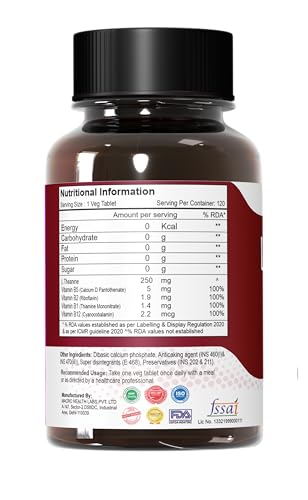 Image of L Theanine 250mg with Vitamin B Complex | 120 Veg Tablets - L Theanine Supplements for Relaxation, Mood, Focus & Energy Levels | Stress Support Formula