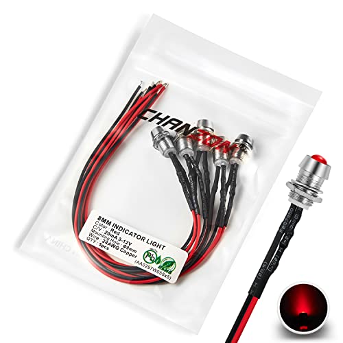 CHANZON [UL-Kabel] 5 Stück 8mm Panel Mount + 5mm LED Farbige rote Pilotdiodenlicht (Diffuse Round Lens) 12V Universal Unterputz Armaturenbrett Anzeigetafel Sockel Lampen Glühbirne